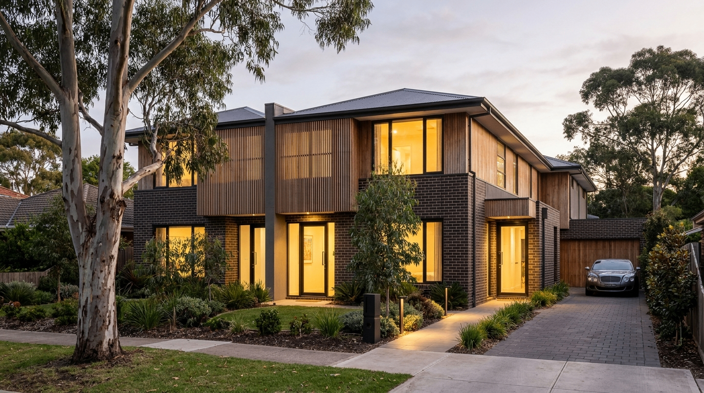 A contemporary two-storey home in a new Craigieburn West estate at dusk
