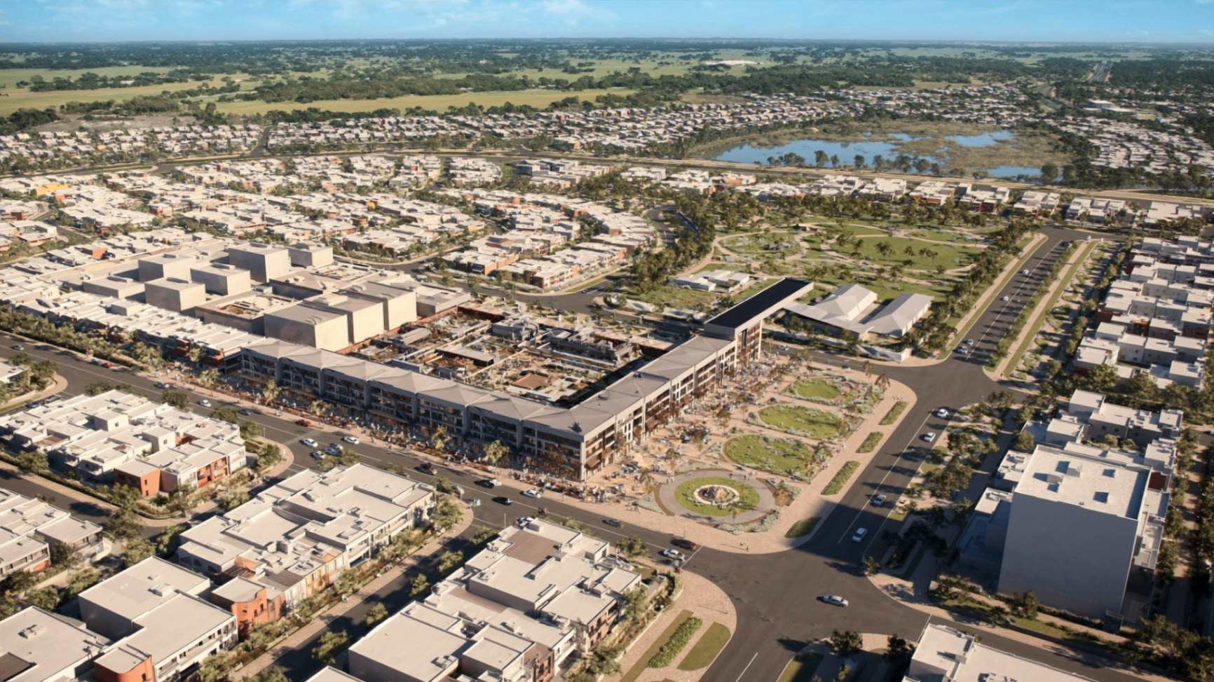 Aerial view of the future Craigieburn West town centre core — main street, town square, walkable homes
