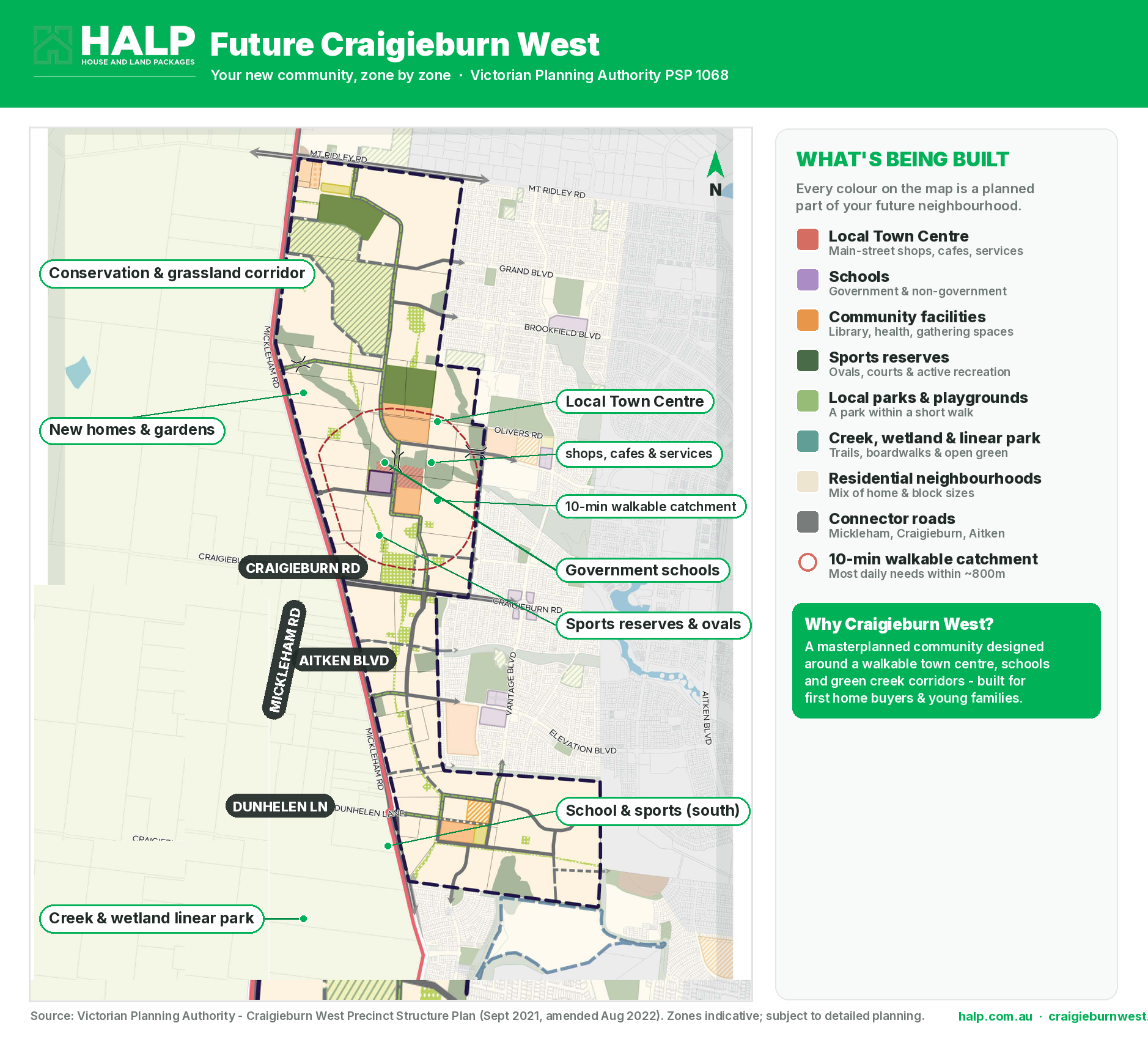Craigieburn West precinct zone map — town centre, schools, sports, parks, creek corridor and residential neighbourhoods